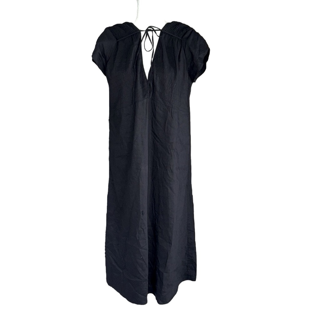 Theory Angela Black Linen Blend Tie Neck Smocked Midi Dress - M